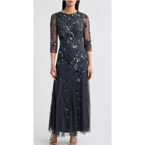 Pisarro Nights Beaded Floral Long Gown Navy Blue Sz 16 NEW $288